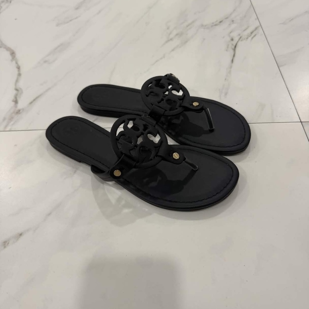 NEW Tory Burch Black Miller Logo Thong Sandals